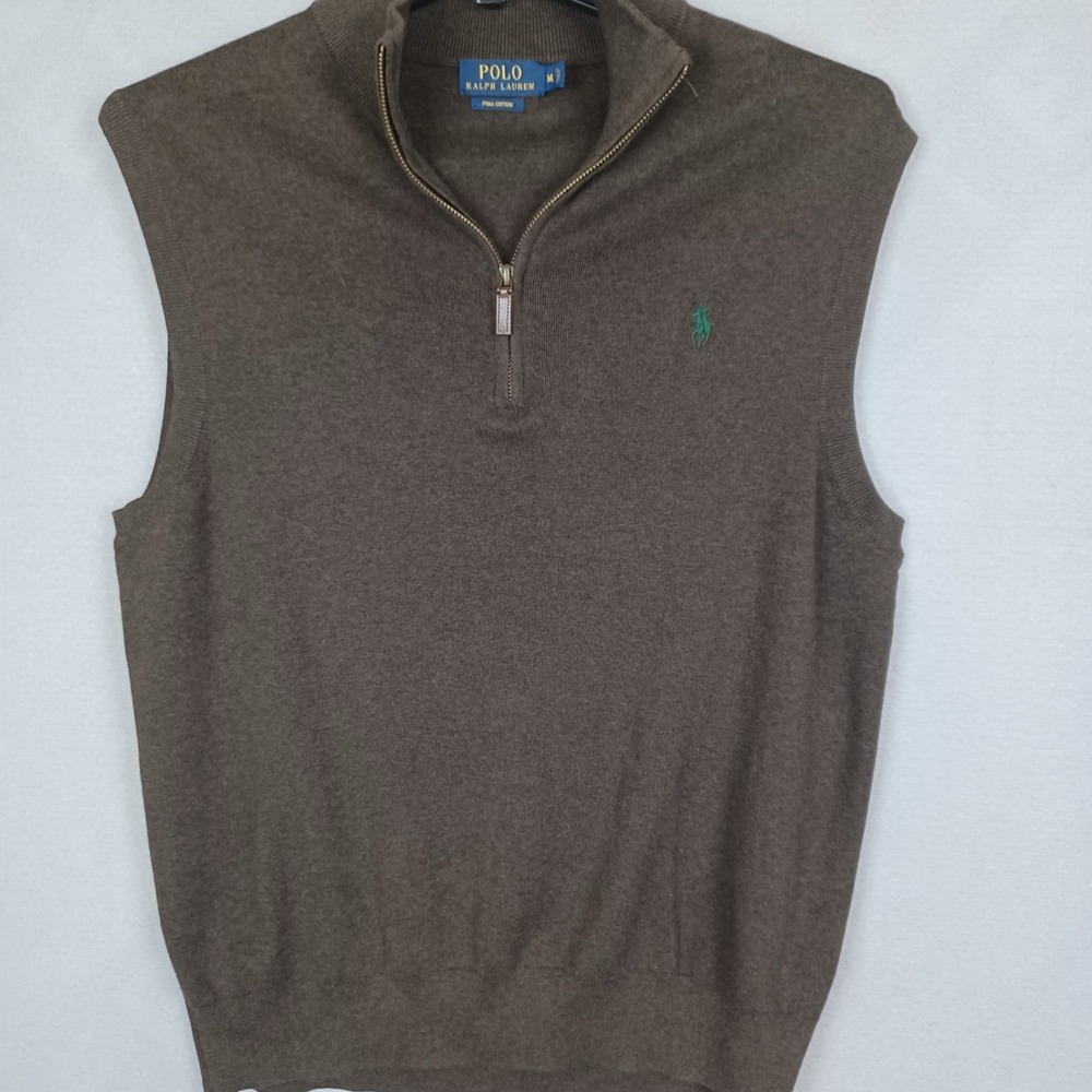 Polo Ralph Lauren Sweater Vest Mens Med Brown Quarter Zip Pima Cotton Preppy